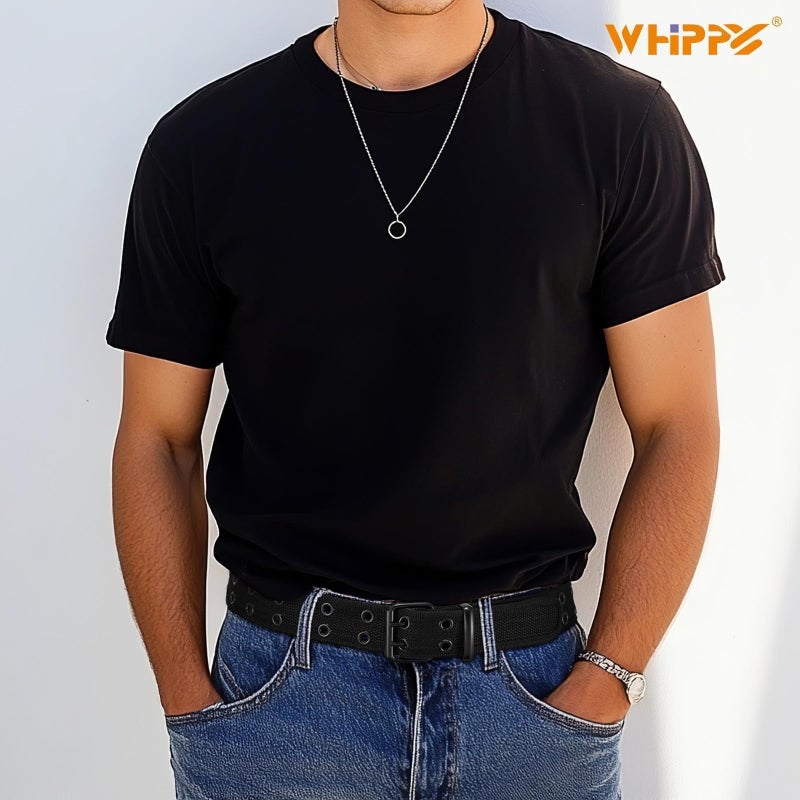 WHIPPY Canvas Double Grommet Belt Unisex Casual Double Prong Belt for Men Women for Jeans Pants, Black,Black Buckle, S - Image 2