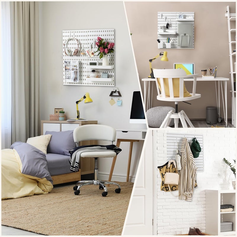 VUSIGN Pegboard Combination Wall Organizer Kit, 4 Pieces Pegboards and 17 Accessories Modular Hanging, Wall Mount Display Peg board Panel Kits for Bedroom, Home, Office, Bathroom, 22" x 22", White - Image 2