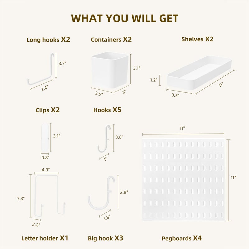 VUSIGN Pegboard Combination Wall Organizer Kit, 4 Pieces Pegboards and 17 Accessories Modular Hanging, Wall Mount Display Peg board Panel Kits for Bedroom, Home, Office, Bathroom, 22" x 22", White - Image 3