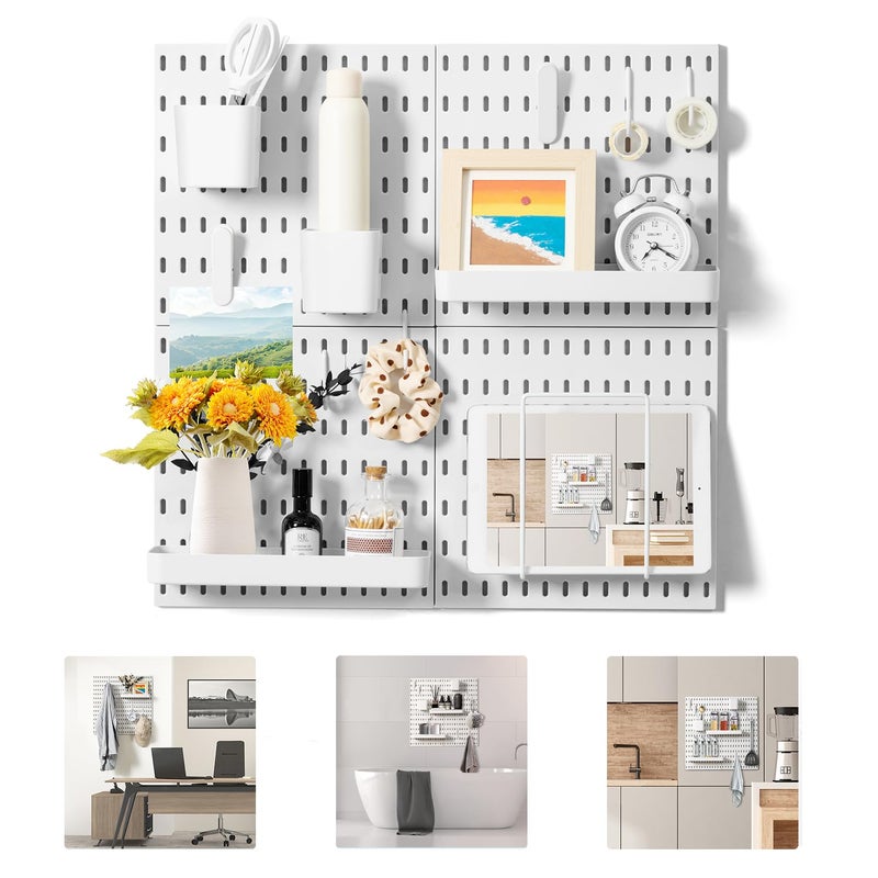 VUSIGN Pegboard Combination Wall Organizer Kit, 4 Pieces Pegboards and 17 Accessories Modular Hanging, Wall Mount Display Peg board Panel Kits for Bedroom, Home, Office, Bathroom, 22" x 22", White - Image 1