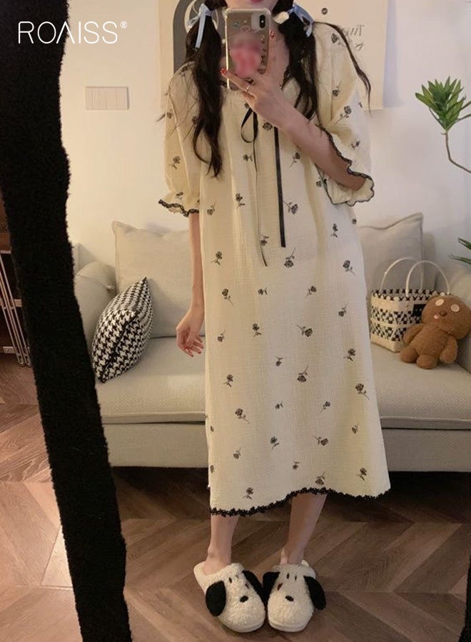 roaiss Plus Size Women's Floral Print Short Sleeve Maxi Nightgown Front Bow Tie with Lace Trim and Ruffle Hem, Relaxed Fit for Spring and Summer Loungewear, Elegant Sleepwear - Image 1