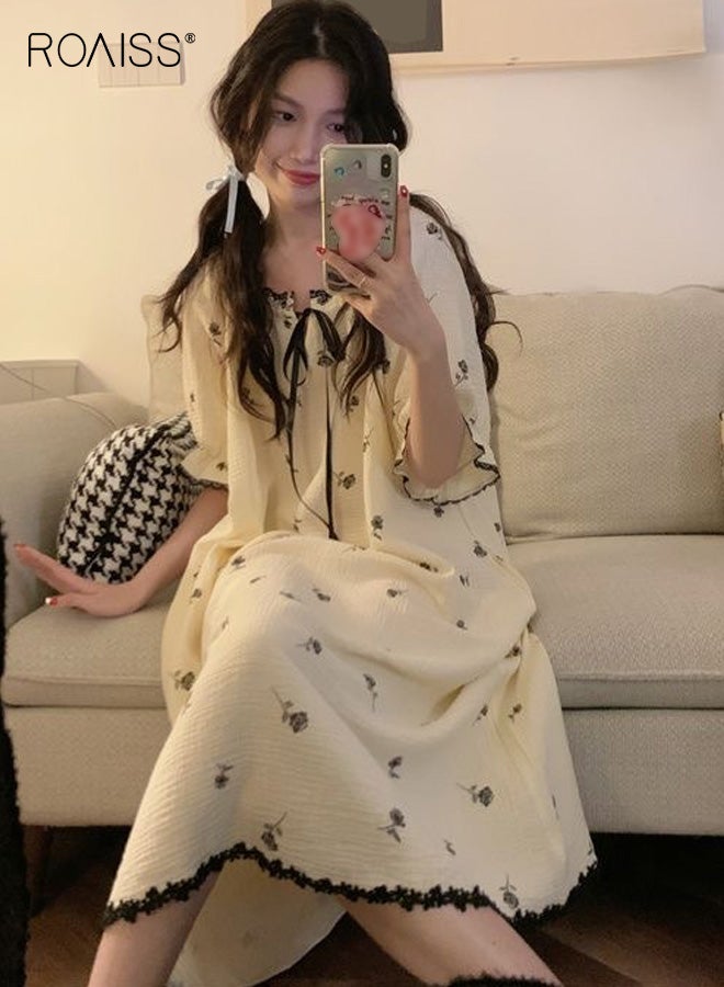roaiss Plus Size Women's Floral Print Short Sleeve Maxi Nightgown Front Bow Tie with Lace Trim and Ruffle Hem, Relaxed Fit for Spring and Summer Loungewear, Elegant Sleepwear - Image 5