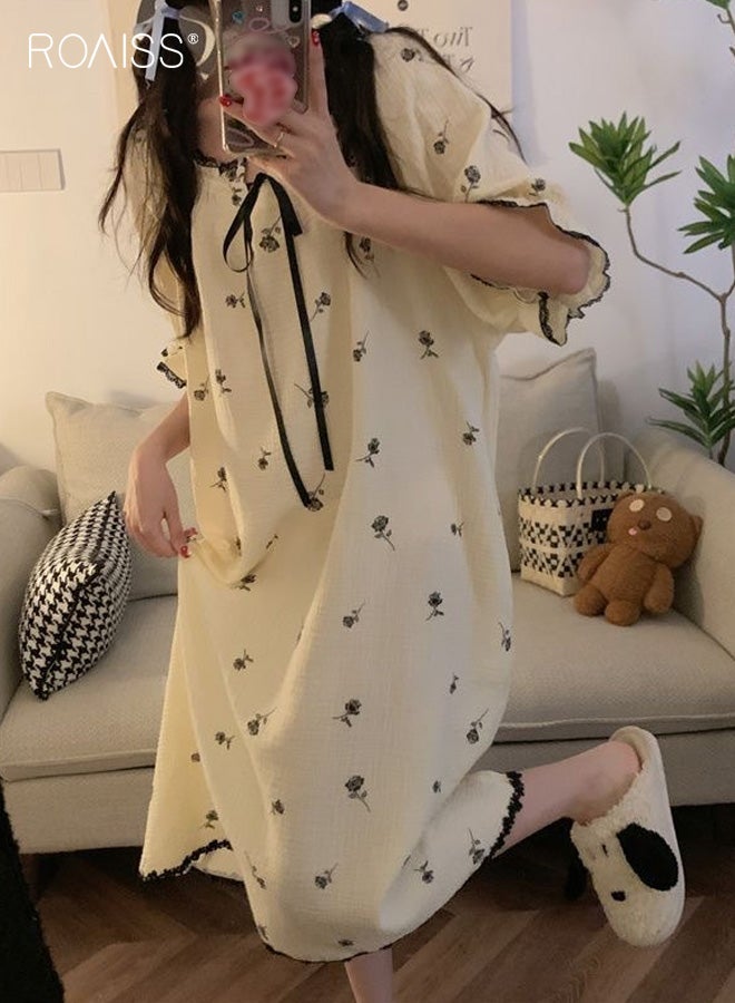 roaiss Plus Size Women's Floral Print Short Sleeve Maxi Nightgown Front Bow Tie with Lace Trim and Ruffle Hem, Relaxed Fit for Spring and Summer Loungewear, Elegant Sleepwear - Image 3