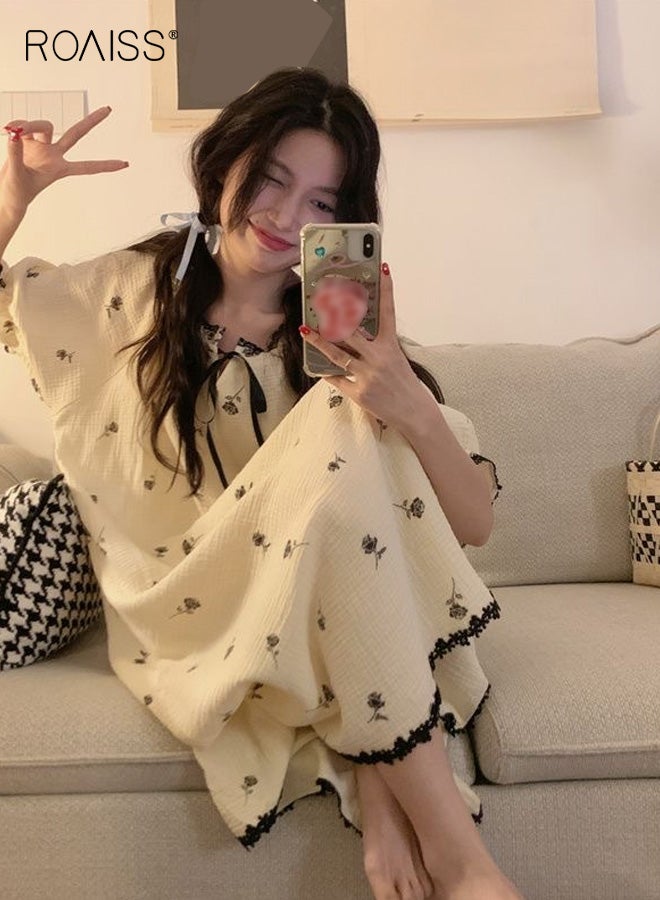 roaiss Plus Size Women's Floral Print Short Sleeve Maxi Nightgown Front Bow Tie with Lace Trim and Ruffle Hem, Relaxed Fit for Spring and Summer Loungewear, Elegant Sleepwear - Image 4