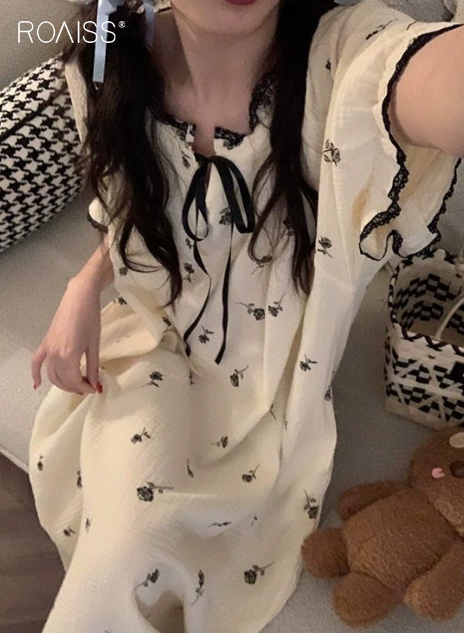 roaiss Plus Size Women's Floral Print Short Sleeve Maxi Nightgown Front Bow Tie with Lace Trim and Ruffle Hem, Relaxed Fit for Spring and Summer Loungewear, Elegant Sleepwear - Image 2