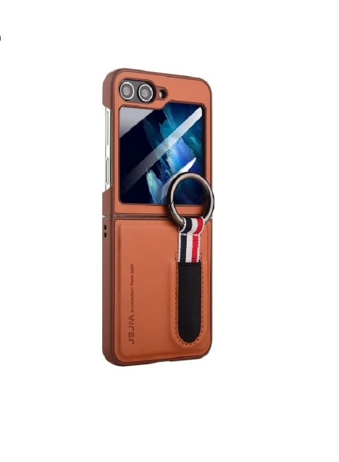 Galaxy Z FLIP 6 - JSJM RING HOLDER + Glass + Pen COVER LEATHER FASHION CASE FOR SAMSUNG GALAXY Z FLIP 6 (DESIGN- 117) [Brown Color]