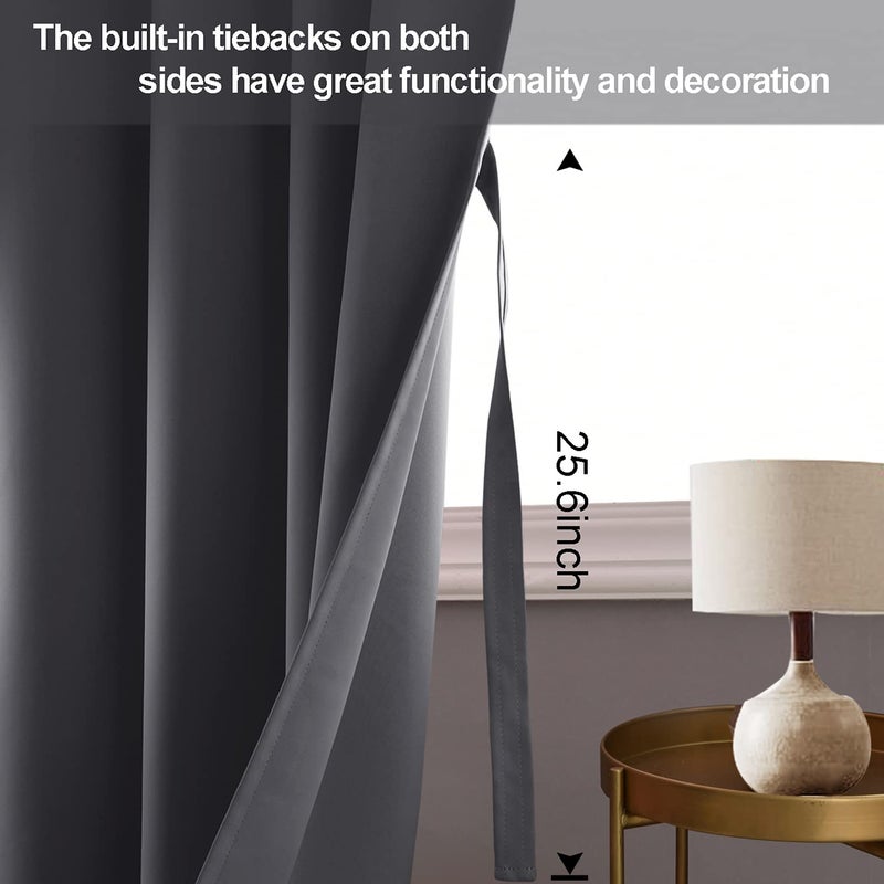 JIUZHEN Blackout Curtains with Tiebacks - Thermal Insulated  Light Blocking and Noise Reducing Grommet Curtain Drapes for Bedroom and Living Room  Set of 2 Panels  42 x 84 Inches Long  Dark Grey - Image 3