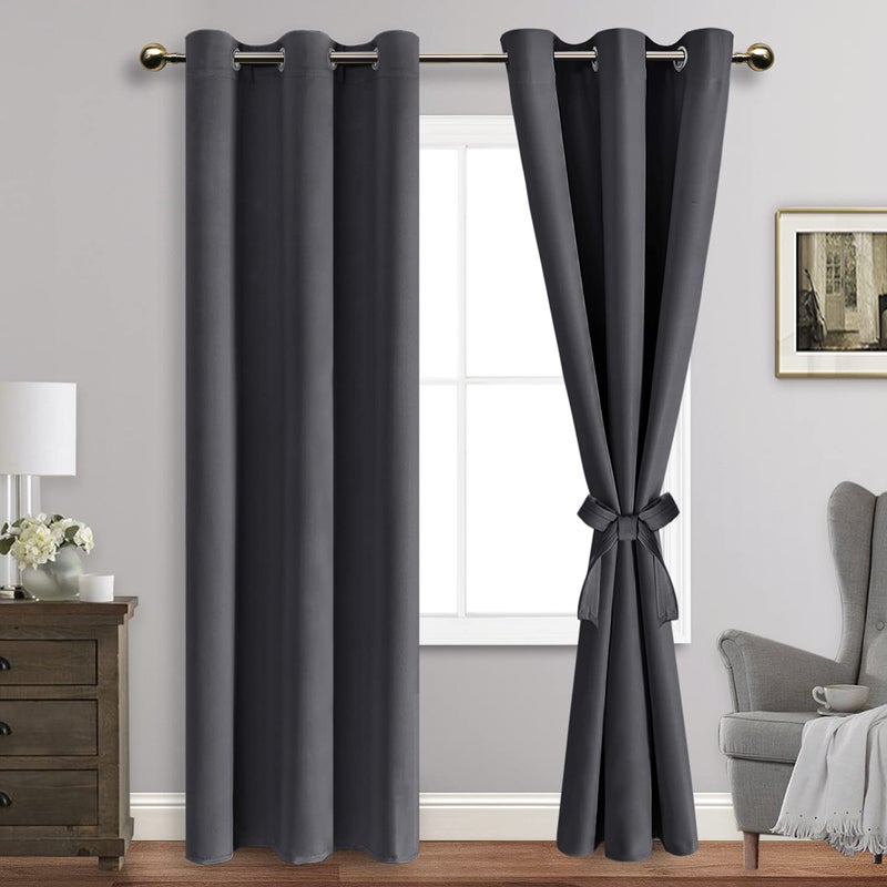 JIUZHEN Blackout Curtains with Tiebacks - Thermal Insulated  Light Blocking and Noise Reducing Grommet Curtain Drapes for Bedroom and Living Room  Set of 2 Panels  42 x 84 Inches Long  Dark Grey - Image 1