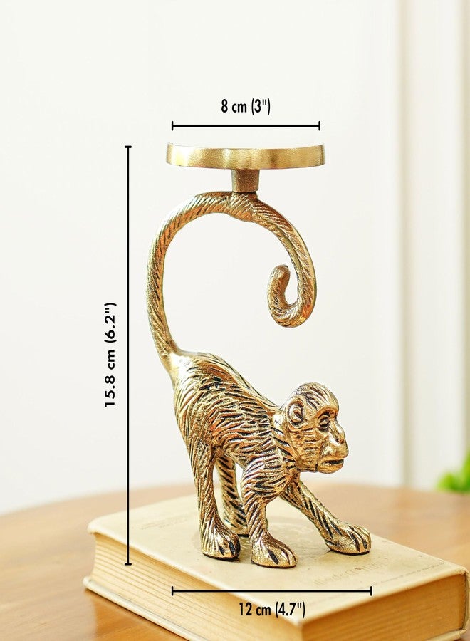 BEHOMA Metal Monkey Pillar Candle Holder Stand for Home Decor | Tabletop Showpiece in Aluminium with Brass Finish for Birthday, House Warming Gifting - Gold (Candle Not Included) - Image 4