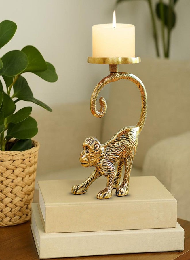 BEHOMA Metal Monkey Pillar Candle Holder Stand for Home Decor | Tabletop Showpiece in Aluminium with Brass Finish for Birthday, House Warming Gifting - Gold (Candle Not Included) - Image 3