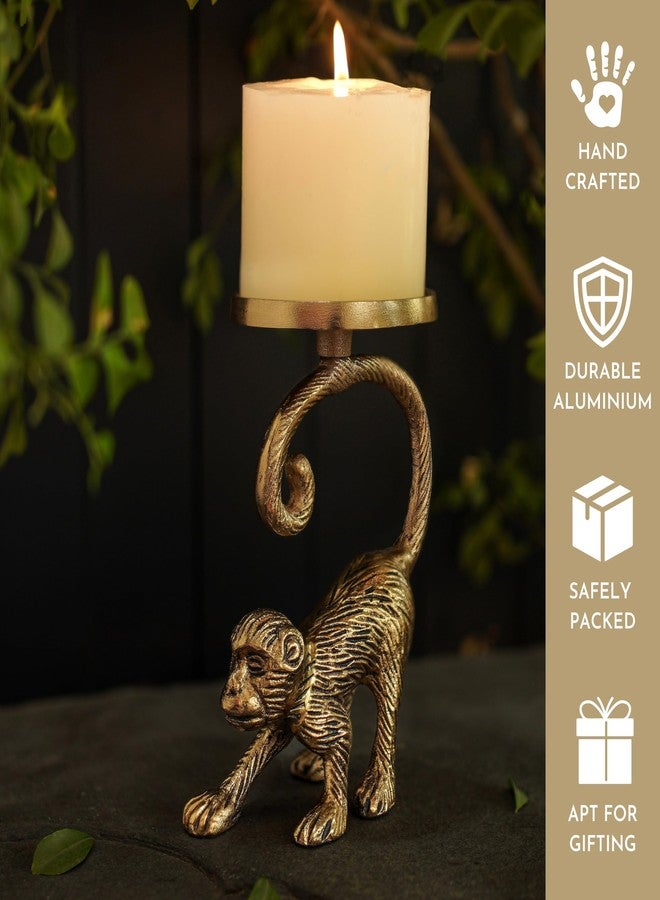 BEHOMA Metal Monkey Pillar Candle Holder Stand for Home Decor | Tabletop Showpiece in Aluminium with Brass Finish for Birthday, House Warming Gifting - Gold (Candle Not Included) - Image 5