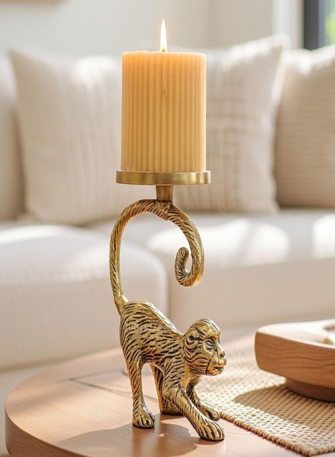 BEHOMA Metal Monkey Pillar Candle Holder Stand for Home Decor | Tabletop Showpiece in Aluminium with Brass Finish for Birthday, House Warming Gifting - Gold (Candle Not Included) - Image 1