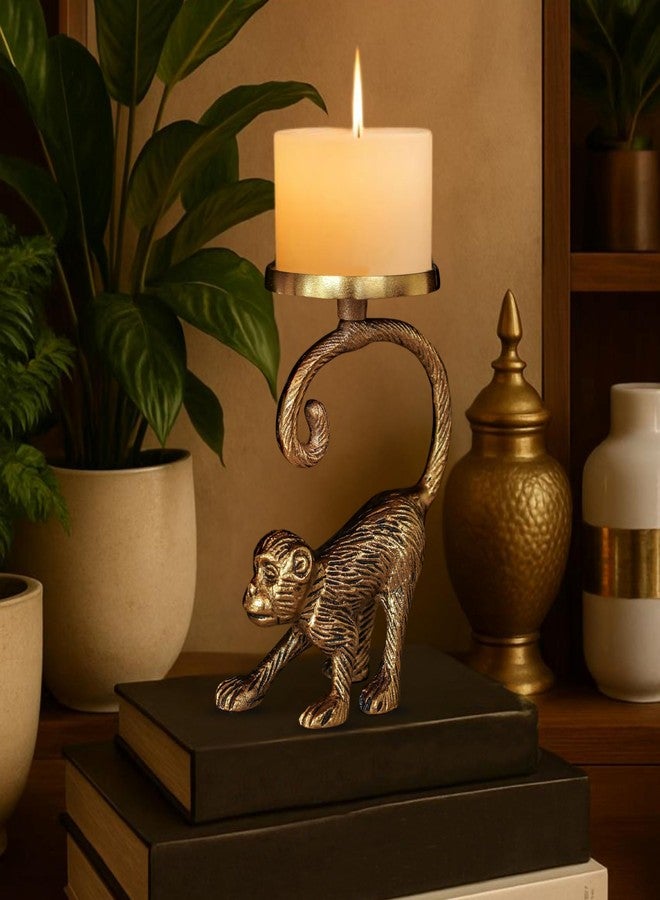 BEHOMA Metal Monkey Pillar Candle Holder Stand for Home Decor | Tabletop Showpiece in Aluminium with Brass Finish for Birthday, House Warming Gifting - Gold (Candle Not Included) - Image 2