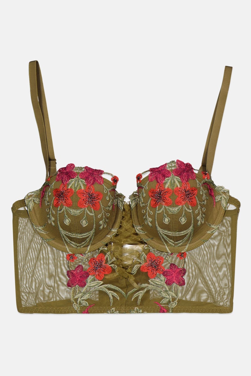 GUESS Women Printed Padded Unwired Bra, Dark Olive Combo - Image 1