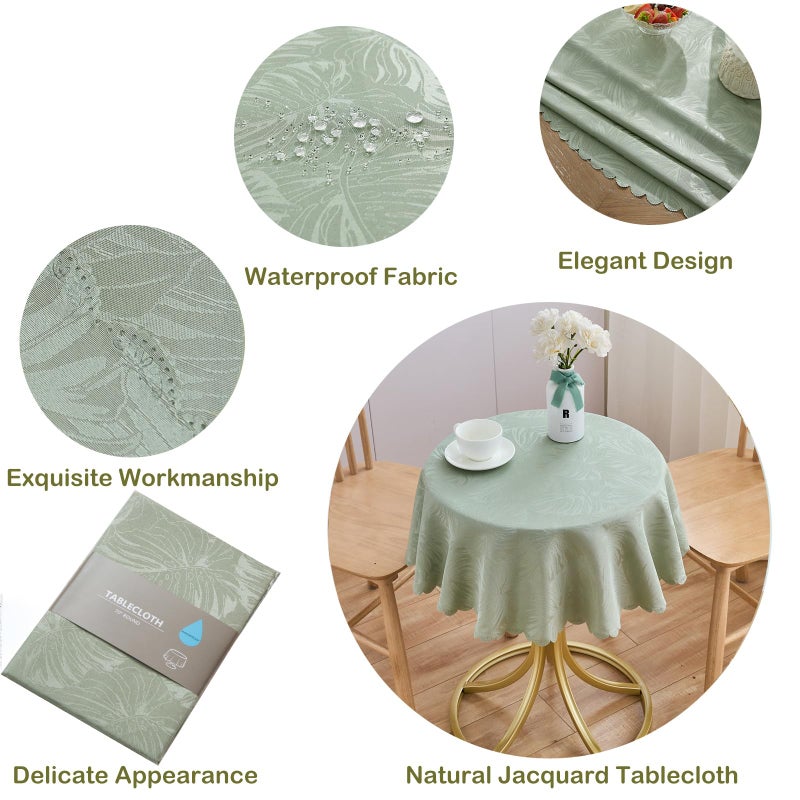 EFFICINATURE Round Tablecloth Green Small 40 Inch Table cloths Up to 26"" Dia Tables Leaves Pattern Scalloped Edge Waterproof Washable Jacquard Table Cover-Kitchen Dinner Decor Talking Table Coffee Bar - Image 1