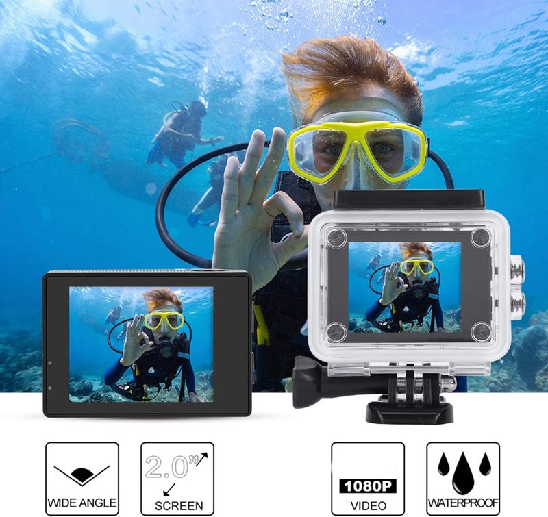 cheekyglo Action Camera 1080P 12MP Sports Camera Wide Angle Lens Full HD 2.0 Inch TFT LCD HD Screen Action Cam with 30m/98ft Underwater Waterproof for Outdoor Sport/Vlog/Video/Snorkel Surf (Black)black - Image 2