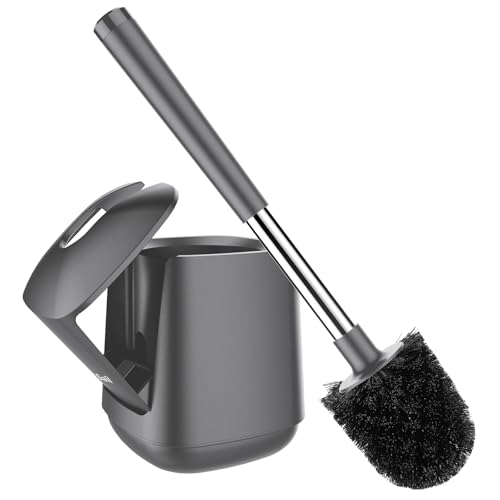 SetSail Toilet Brush and Holder Self Closing Lid Toilet Bowl Brushes Holder and Extra Long Handle Ventilated Toilet Brush Set for Bathroom Cleaning Nylon Bristles Grey
