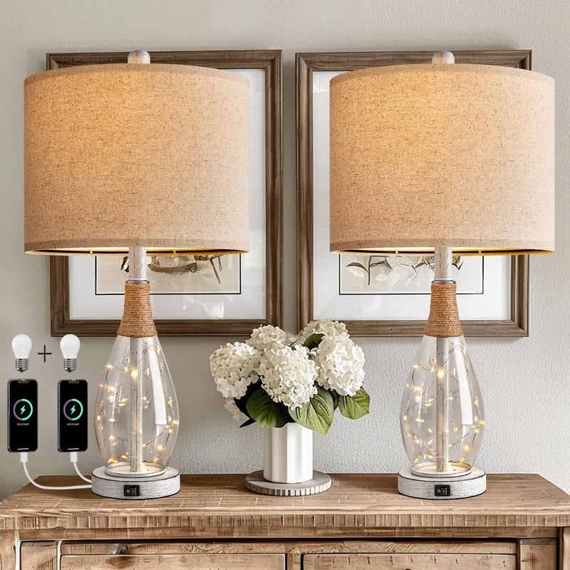 OYEARS 23" Table Lamps for Living Room Set of 2 Bedside Lamps for Night Stands Bedroom Lamps Farmhouse Rattan Boho Lamp Glass Nightlight End Table Lamp with USB C+A (White),Two Light Points - Image 1