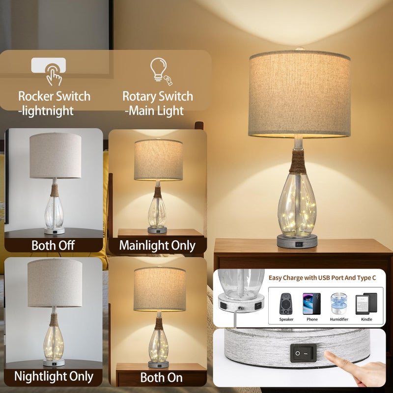 OYEARS 23" Table Lamps for Living Room Set of 2 Bedside Lamps for Night Stands Bedroom Lamps Farmhouse Rattan Boho Lamp Glass Nightlight End Table Lamp with USB C+A (White),Two Light Points - Image 3