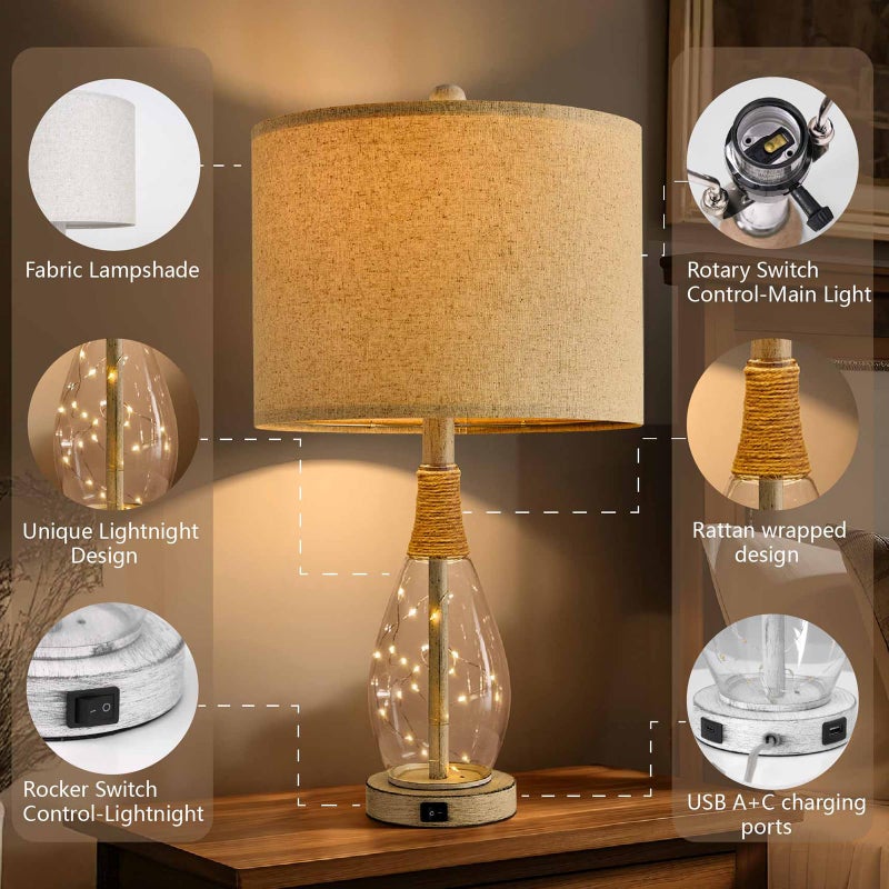 OYEARS 23" Table Lamps for Living Room Set of 2 Bedside Lamps for Night Stands Bedroom Lamps Farmhouse Rattan Boho Lamp Glass Nightlight End Table Lamp with USB C+A (White),Two Light Points - Image 4