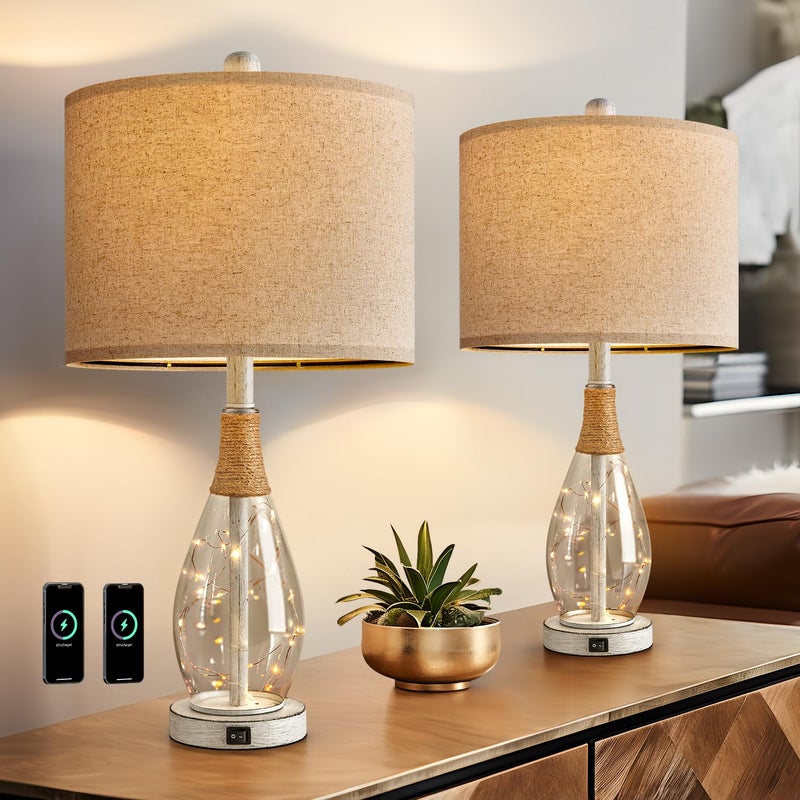 OYEARS 23" Table Lamps for Living Room Set of 2 Bedside Lamps for Night Stands Bedroom Lamps Farmhouse Rattan Boho Lamp Glass Nightlight End Table Lamp with USB C+A (White),Two Light Points - Image 2