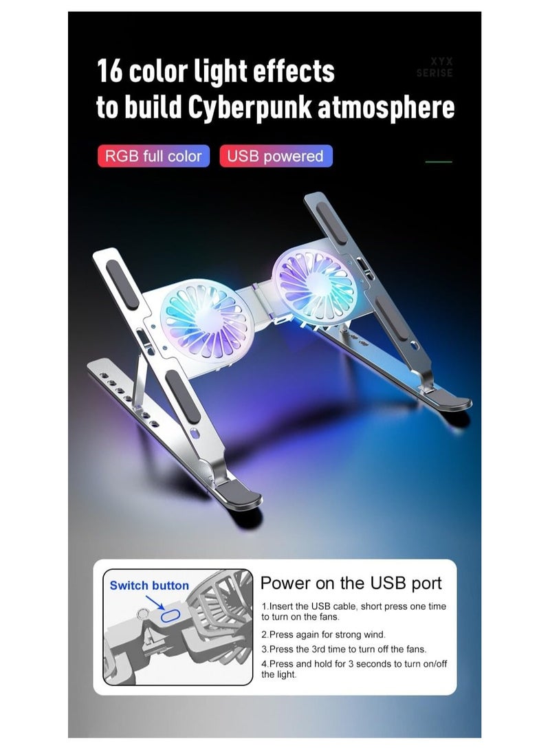 حامل لابتوب ألومنيوم قابل للطي مع مراوح تبريد مزدوجة | إضاءة RGB | 7 مستويات تعديل - Image 2