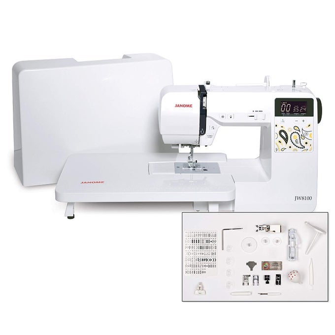 JW8100 FULLYFEATURED COMPUTERIZED SEWING MACHINE WITH 100 STITCHES 7 BUTTONHOLES HARD COVER EXTENSION TABLE AND 22 ACCESSORIES