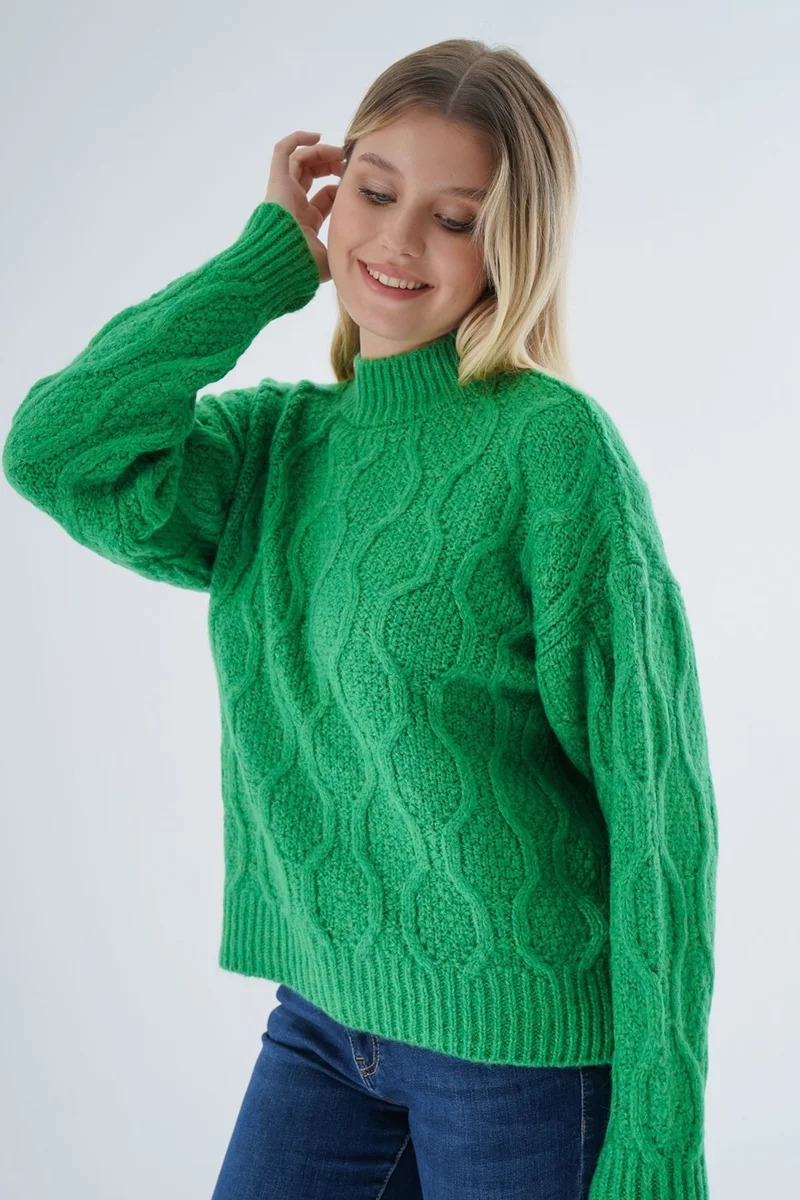 Trist Star Women Green Oversize Half Turtleneck Walk Honeycomb Knitting Wool Special Yarn Knitwear Knitted Sweater