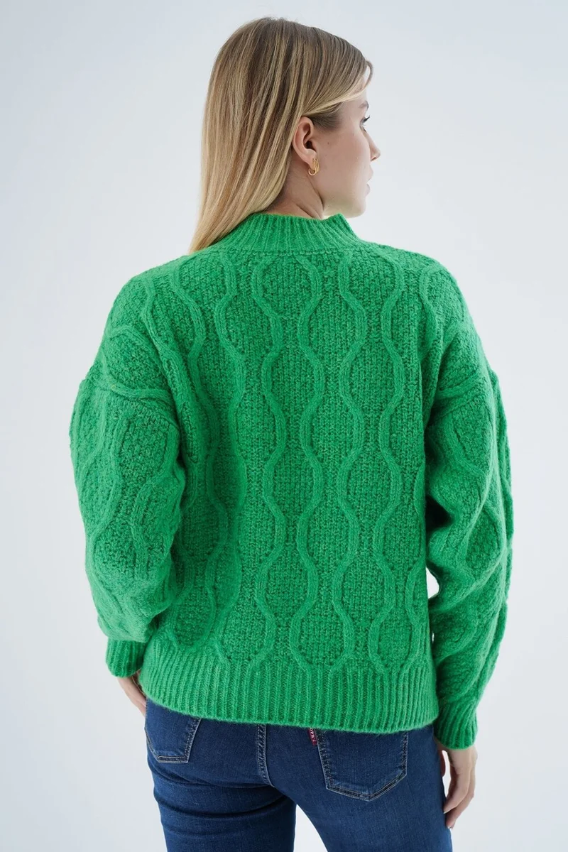 Trist Star Women Green Oversize Half Turtleneck Walk Honeycomb Knitting Wool Special Yarn Knitwear Knitted Sweater