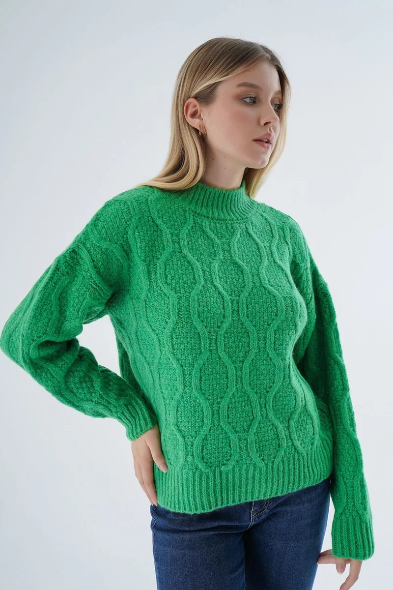 Trist Star Women Green Oversize Half Turtleneck Walk Honeycomb Knitting Wool Special Yarn Knitwear Knitted Sweater
