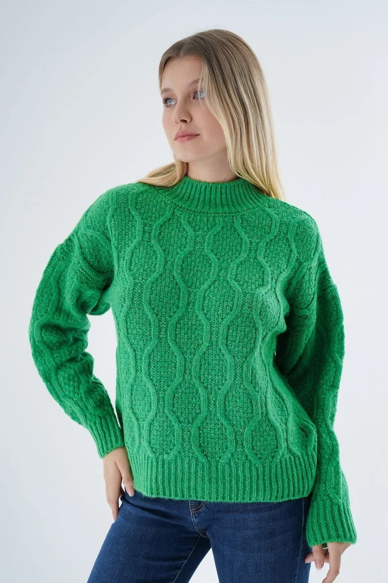 Trist Star Women Green Oversize Half Turtleneck Walk Honeycomb Knitting Wool Special Yarn Knitwear Knitted Sweater