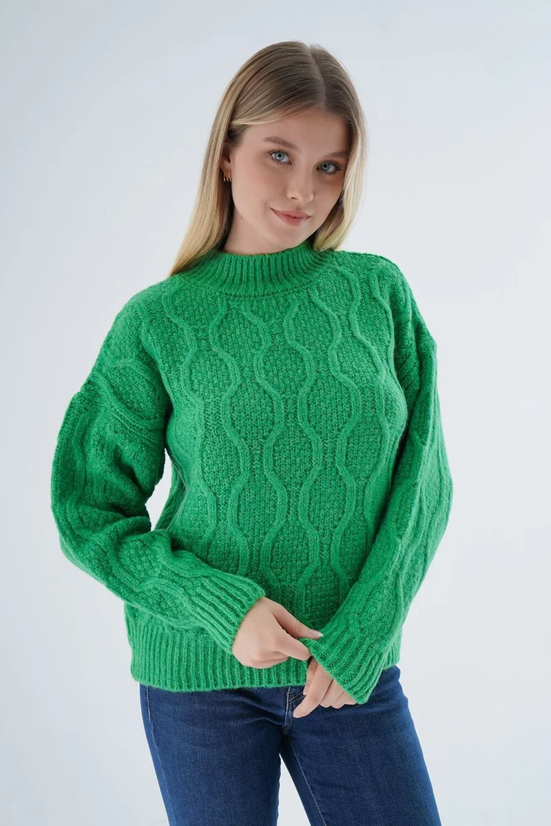 Trist Star Women Green Oversize Half Turtleneck Walk Honeycomb Knitting Wool Special Yarn Knitwear Knitted Sweater