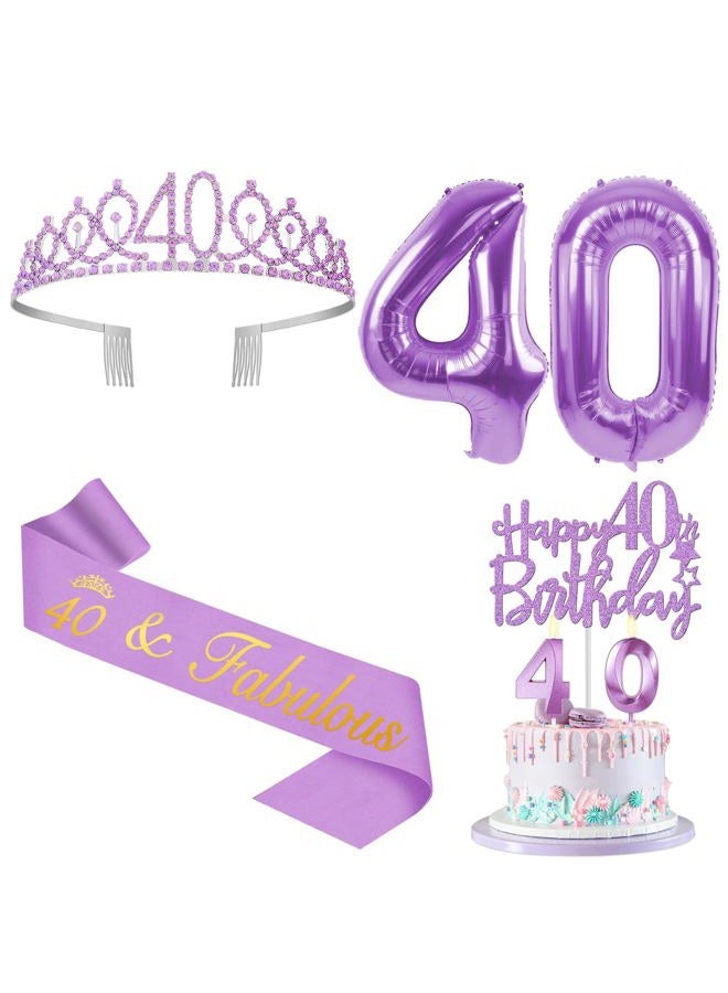 YeohJoy 40th Birthday Decorations for Women Purple with 40th Birthday Sash and Crown, Cake Topper and Candles, Number Balloons, 40 Year Old Gifts for Women - Image 1
