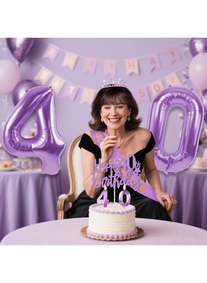 YeohJoy 40th Birthday Decorations for Women Purple with 40th Birthday Sash and Crown, Cake Topper and Candles, Number Balloons, 40 Year Old Gifts for Women - Image 2