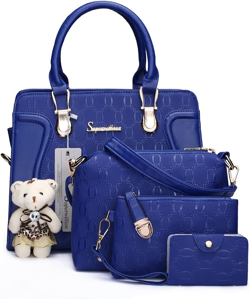 Soperwillton Women's 4-Piece Handbag Set - Blue Tote, Shoulder Bag, Wallet & Card Holder - Image 1
