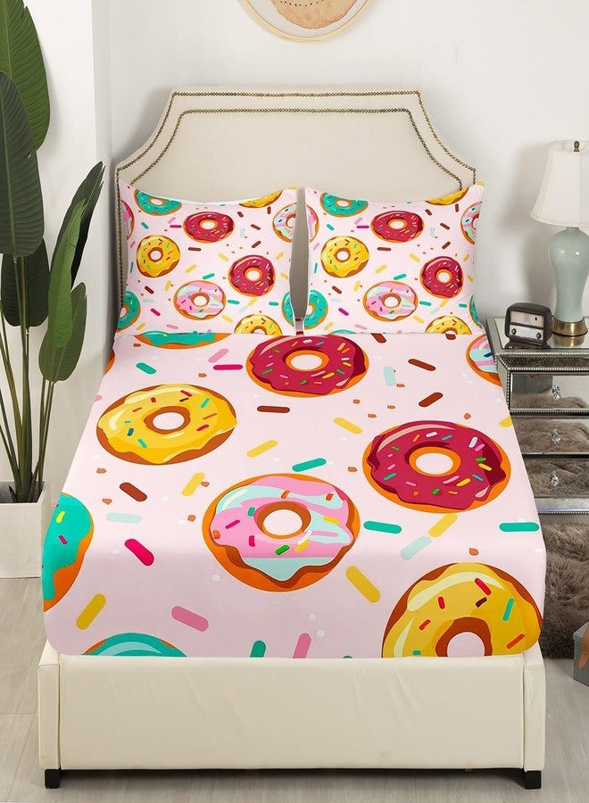 Feelyou Donuts Bed Sheet Set Dessert Fitted Sheet for Girls Kids Child Bedroom Gift Girly Sweet Food Bedding Set Pink Printed Bed Cover with Pillowcase Decor 3 Pcs Queen Size Soft Microfiber Lightweight - Image 3