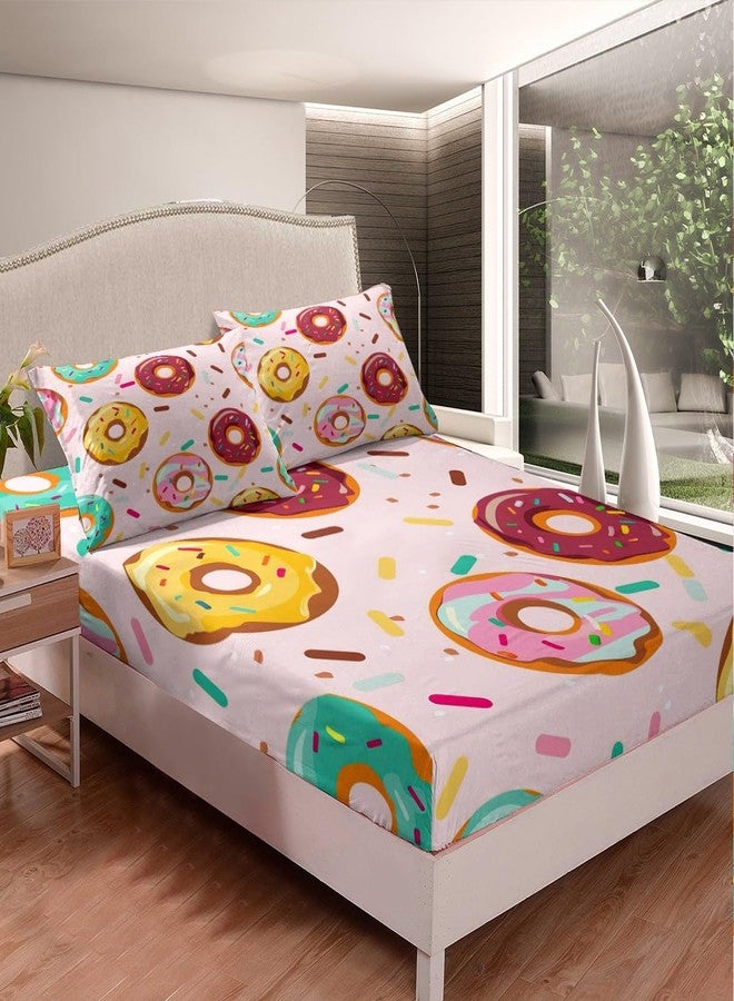 Feelyou Donuts Bed Sheet Set Dessert Fitted Sheet for Girls Kids Child Bedroom Gift Girly Sweet Food Bedding Set Pink Printed Bed Cover with Pillowcase Decor 3 Pcs Queen Size Soft Microfiber Lightweight - Image 1