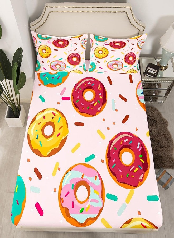 Feelyou Donuts Bed Sheet Set Dessert Fitted Sheet for Girls Kids Child Bedroom Gift Girly Sweet Food Bedding Set Pink Printed Bed Cover with Pillowcase Decor 3 Pcs Queen Size Soft Microfiber Lightweight - Image 2