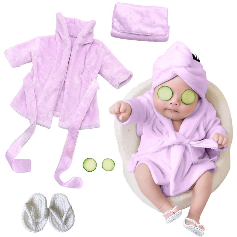 SPOKKI SPOKKI Newborn Photography Props Baby Girl 5 PCS Bathrobes Bath Towel Outfit with Slippers Cucumber Photo Props for Infant Boys Girls(0-6 Months) (Purple) - Image 1