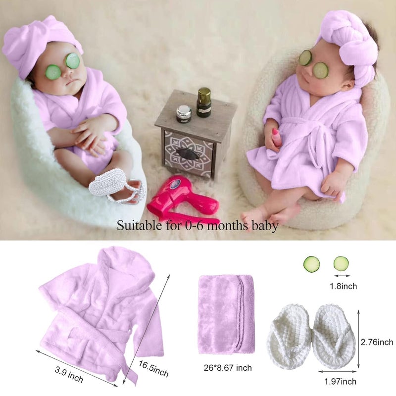 SPOKKI SPOKKI Newborn Photography Props Baby Girl 5 PCS Bathrobes Bath Towel Outfit with Slippers Cucumber Photo Props for Infant Boys Girls(0-6 Months) (Purple) - Image 2