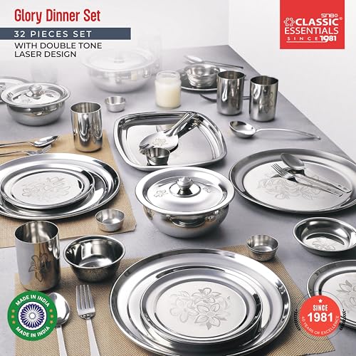 Classic Essentials Stainless Steel Dinner Set|Serves 4 People|Heavy Gauge|Kitchen Set|Permanent Laser-Glory, Set of 32 - Image 2