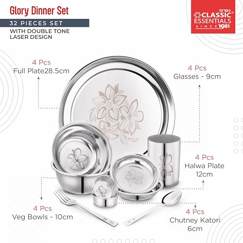 Classic Essentials Stainless Steel Dinner Set|Serves 4 People|Heavy Gauge|Kitchen Set|Permanent Laser-Glory, Set of 32 - Image 4
