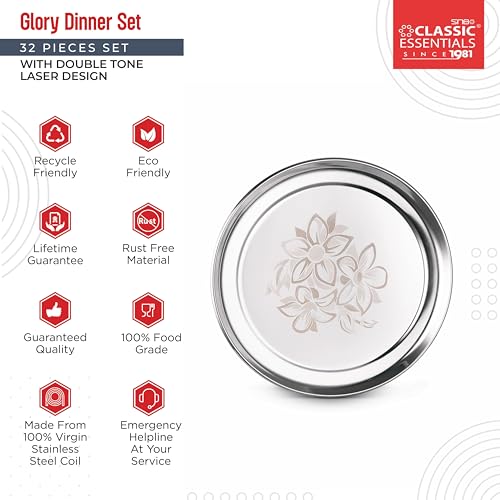 Classic Essentials Stainless Steel Dinner Set|Serves 4 People|Heavy Gauge|Kitchen Set|Permanent Laser-Glory, Set of 32 - Image 3