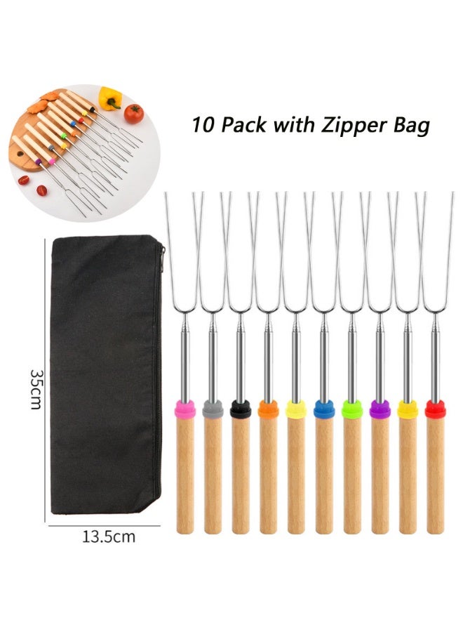 10 Pcs Retractable BBQ Forks, Telescopic Stainless Steel BBQ Skewers with Wooden Heatproof Handle, Camping Grill Sticks with Carry Bag for Outdoor Campfire & Barbecue - Image 1