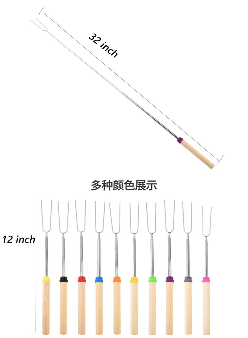 10 Pcs Retractable BBQ Forks, Telescopic Stainless Steel BBQ Skewers with Wooden Heatproof Handle, Camping Grill Sticks with Carry Bag for Outdoor Campfire & Barbecue - Image 3
