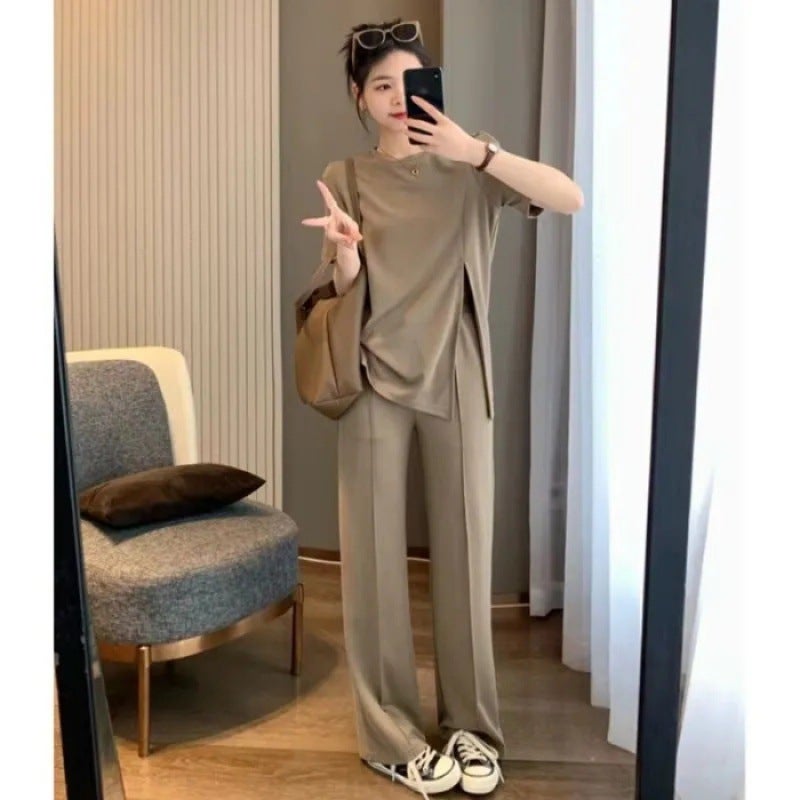 Ice Silk Wide-leg Pants Set Womens Summer Korean Style Fashion Large Size Loose Design Sense Split Short-sleeved Top Trendy Pants Grey - Image 2