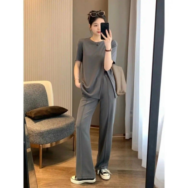 Ice Silk Wide-leg Pants Set Womens Summer Korean Style Fashion Large Size Loose Design Sense Split Short-sleeved Top Trendy Pants Grey - Image 1