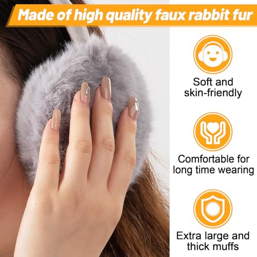 MADHOLLY 2 Pack Adjustable Ear Muffs for Winter Women - Soft Warm Fluffy Faux Fur Ear Warmers Earmuffs, Black & Grey - Image 2