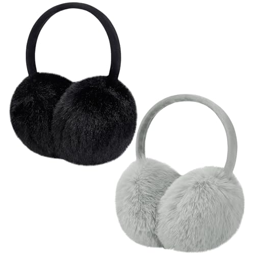MADHOLLY 2 Pack Adjustable Ear Muffs for Winter Women - Soft Warm Fluffy Faux Fur Ear Warmers Earmuffs, Black & Grey - Image 1