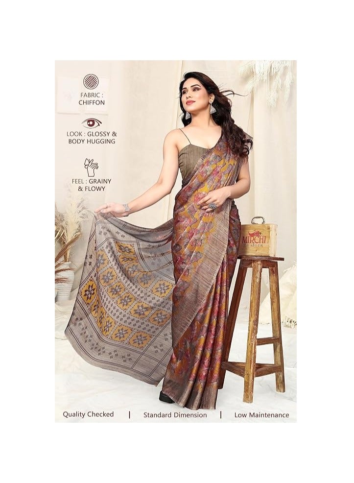 مملكة الإكسسوارات ساري نسائي مصمم من الشيفون بطبعات الأزهار مع قطعة بلوزة - Image 2